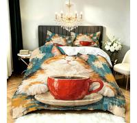 Set Copripiumino Singolo Gatti Caffè Biancheria da letto | Animali Dipinti Ad Olio in Morbida Microfibra 3D Parure Copripiumino 135x200 cm con Cerniera e 2 Federe 50x80 cm