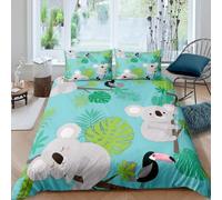 Set Copripiumino Singolo Koala Carino Biancheria da letto Foglie di Palma in Morbida Microfibra 3D Parure Copripiumino 135x200 cm con Cerniera e 2 Federe 50x80 cm E.2456
