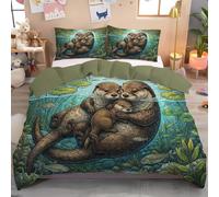 Set Copripiumino Singolo Lontra Che Tiene In Braccio Il Suo Cucciolo con Sacco Copri Piumone Reversibile 135x200cm + 1 Federe 50x80, Parure Copripiumino Realismo Cartoni Animati e Lavabile, Lago Blu