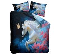 Set Copripiumino Singolo Matrimoniale 135x200 cm Fantasia Animale Cavallo Floreale Blu Navy Copripiumino con 2 Federa 50x80 cm in Poliestere Cotone, Set Biancheria da Letto Morbido Anallergico