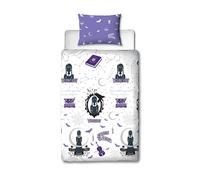 Character World Wednesday - Set copripiumino per letto singolo, design destinato, reversibile, 2 lati, prodotto ufficiale, con federa coordinata, trapunta per letto singolo viola e bianco