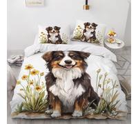 Set Copripiumino Singolo Pastori Australiani Biancheria da letto Cani Ad Acquerello in Morbida Microfibra 3D Parure Copripiumino 155x200 cm con Cerniera e 2 Federe 50x80 cm L.3754