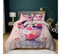Set Copripiumino Singolo per Bambine - Coppa Gelato Rosa con Motivo a Panda, Set di Biancheria da Letto per Bambini, Camera da Letto per Bambini, Copripiumino In Stile Cartone Animato con Federe H Si