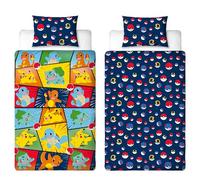 Set copripiumino singolo per bambini, con licenza ufficiale, motivo Pikachu, Bulbasaur, Charmander, Squirtle, reversibile, 2 lati, con federa coordinata, set per letto singolo per bambini