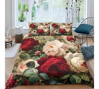 Set Copripiumino Singolo Rose Rosse Biancheria da letto Pittura Ad Olio Retrò in Morbida Microfibra 3D Parure Copripiumino 155x200 cm con Cerniera e 2 Federe 50x80 cm L.6596