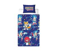 Character World Sonic The Hedgehog - Set copripiumino singolo ufficiale, design liquido, reversibile, su 2 lati, con federa coordinata, set per letto singolo, blu con code e nocche