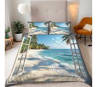 Set Copripiumino Singolo Spiaggia Morbida Microfibra Copripiumino Singolo Bambini 135 x 200 cm e 2 Federe con Cerniera 50 x 75 cm, Palme Sulla Spiaggia Dell'isola Biancheria Da Letto