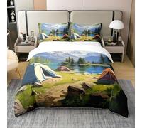 Set Copripiumino Singolo Tenda da Campeggio Biancheria da letto Montagne e Fiumi in Morbida Microfibra 3D Parure Copripiumino 155x200 cm con Cerniera e 2 Federe 50x80 cm E.645