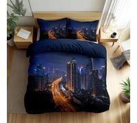 Set Copripiumino Singolo Vista Notturna Della Città, Set di Biancheria da Letto Architettura in Morbida Microfibra Stampa 3D, Copripiumino 135x200 con Cerniera 2 Federe 50x80 cm B-688
