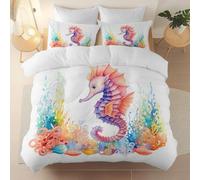 Set Copripiumino Stampato Bianco - Creature Sottomarine Acquerello Cavalluccio Marino Tema Microfibra Traspirante Con Chiusura A Cerniera Per Bambini E Adulti Arredamento Camera Da Letto, 260 x 220 cm