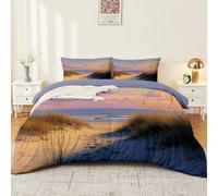 Set copripiumino super king size, motivo: costa americana, multicolore, con stampa di gabbiani e dune al tramonto, ultra morbido, in microfibra, reversibile, 260 x 220 cm, con 2 federe con cerniera