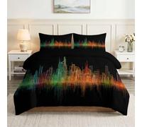 Set copripiumino super king size, nero, luci al neon astratte, skyline della città, set di biancheria da letto in microfibra spazzolata, ultra morbido, ipoallergenico, non si stira, set di biancheria