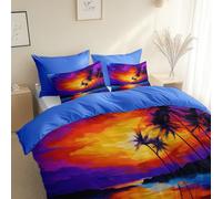 Set Copripiumino Tramonto Sull'Isola Botanica 200 x 200 cm e 2 x Federa 50 x 80 cm, Parure Copripiumino 4 Stagioni, leggero e traspirante con Cerniera, Blu Denim