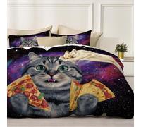 Set Copripiumino Un Gatto Che Mangia La Pizza Nello Spazio, Copripiumino 3 Pezzis in Microfibra Con Animale Fantastico, Comprendente 1 Copripiuminos 260x240cm + 2 Federes