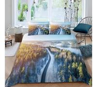 Set Copripiumino Una Piazza e Mezza 200x200 Autostrada Della Foresta Biancheria da Letto 3 Pezzi Scene di Neve 3D Stampa Microfibra Copripiumino con Cerniera e 2 Federa, 50x80cm b.5446