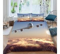 Set Copripiumino Una Piazza e Mezza 200x200 cm Aereo Passeggeri Stampa 3D Biancheria da letto Nuvole Dorate in Morbido Microfibra 3 Pezzi 1 Copri Piumino e 2 Federe con Cerniera C-1937