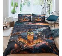 Set Copripiumino una Piazza e Mezza 200x200 cm Big Ben Set di Biancheria da Letto in Microfibra Città di Londra 3D Copripiumini Ruota Panoramica con Chiusura a Cerniera e 2 Federe 50x80 cm E.813