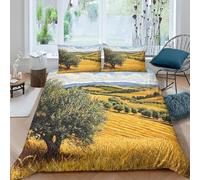 Set Copripiumino Una Piazza e Mezza 200x200 cm Campagna Toscana Biancheria da Letto Campo di Grano Dorato in Morbido Microfibra 3 Pezzi 1 Copripiumino e 2 Federe 50x80 cm con Cerniera A/2074