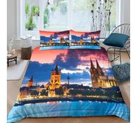Set Copripiumino Una Piazza e Mezza 200x200 cm Cattedrale di Colonia Stampa 3D Biancheria da Letto Vista Notturna Morbida in Microfibra 3 Pezzi 1 Copripiumino e 2 Federe con Cerniera C.245