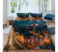 Set Copripiumino Una Piazza e Mezza 200x200 cm Città 3D Stampato Copri Piumino Vista Notturna Architettonica Morbido Comodo Microfibra Copripiumino con Cerniera con Federa 50x80 cm f-746