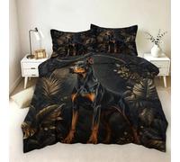 Set Copripiumino Una Piazza e Mezza 200x200 cm Doberman Pinscher Reversibile Biancheria da Letto 3 Pezzi Foglie Di Palma Della Giungla Copripiumino in Microfibra Facile da Lavare con 2 Federe