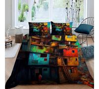 Set Copripiumino Una Piazza e Mezza 200x200 cm Edifici Colorati Biancheria da Letto Arte Astratta in Morbido Microfibra 3 Pezzi 1 Copripiumino e 2 Federe 50x80 cm con Cerniera o-2608