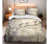 Set Copripiumino una Piazza e Mezza 200x200 cm Gazza su un Ramo Set di Biancheria da Letto in Microfibra Stile Floreale Cinese 3D Copripiumini Grigio con Chiusura a Cerniera e 2 Federe 50x80 cm E-387