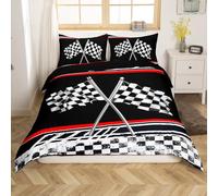 Set Copripiumino Una Piazza e Mezza 200x200 cm Pista da Corsa per Bambini Biancheria da Letto Motivi a Bandiera in Morbido Microfibra 3 Pezzi 1 Copripiumino e 2 Federe 50x80 cm con Cerniera Z.184