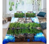 Set Copripiumino Una Piazza e Mezza 200x200 cm Riflesso Della Città Biancheria da Letto Alberi in Morbido Microfibra 3 Pezzi 1 Copripiumino e 2 Federe 50x80 cm con Cerniera d.369