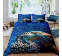 Set Copripiumino Una Piazza e Mezza 200x200 cm Tartaruga Marina Biancheria da Letto Tema Oceanico in Morbido Microfibra 3 Pezzi 1 Copripiumino e 2 Federe 50x80 cm con Cerniera J.1521