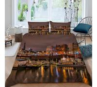 Set Copripiumino Una Piazza e Mezza 200x200 cm Vista Notturna Città 3D Stampato Copri Piumino Architettura Morbido Comodo Microfibra Copripiumino con Cerniera con Federa 50x80 cm f-464