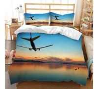 Set Copripiumino una Piazza e Mezza 200x200 cm Volo Aereo Set di Biancheria da Letto in Microfibra Tramonto Sull'oceano 3D Copripiumini Blu Arancione con Chiusura a Cerniera e 2 Federe 50x80 cm E-928