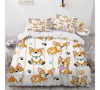 Set Copripiumino una Piazza e Mezza 200x200 Corgi dei Cartoni Animati Microfibra Morbida Biancheria da Letto Stampa 3D Bambini, Ragazzi e Ragazze Copripiumino con Cerniera con 2 Federe 50x80 cm d.3248