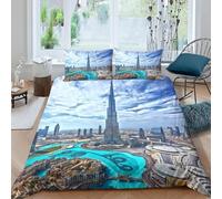 Set Copripiumino Una Piazza e Mezza 200x200 Dubai Microfibra Morbido Traspirante 3D Copripiumino Architettura Cittadina Biancheria da Letto con 2 Federe 50x80cm h-40