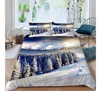 Set Copripiumino Una Piazza e Mezza 200x200 Foresta Innevata Microfibra Morbido Traspirante 3D Copripiumino Paesaggio All'Alba Biancheria da Letto con 2 Federe 50x80cm c-2088