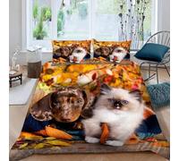 Set Copripiumino Una Piazza e Mezza 200x200 Gatto E Cane Biancheria da Letto 3 Pezzi Foresta Autunnale 3D Stampa Microfibra Copripiumino con Cerniera e 2 Federa, 50x80cm e-3532