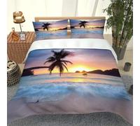 Set Copripiumino Una Piazza e Mezza 200x200 Onde Dell'Oceano, Palme Microfibra Morbido Traspirante 3D Copripiumino Paesaggio All'Alba Biancheria da Letto con 2 Federe 50x80cm c-2073