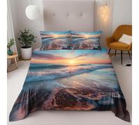 Set Copripiumino Una Piazza e Mezza 200x200 Onde di Marea Microfibra Morbido Traspirante 3D Copripiumino Paesaggio All'Alba Biancheria da Letto con 2 Federe 50x80cm c-2193
