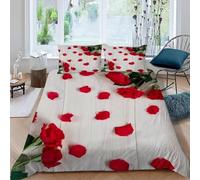 Set Copripiumino Una Piazza e Mezza 200x200 Rose Rosse Microfibra Morbido Traspirante 3D Copripiumino Pavimenti in Legno Biancheria da Letto con 2 Federe 50x80cm d-238