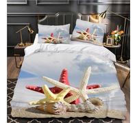Set Copripiumino una Piazza e Mezza 200x200 Stella Marina e Conchiglia Stampa 3D Biancheria da Letto Microfibra Morbida Paesaggio Marino Copripiumino con Cerniera con 2 Federe 50x80 cm a2061