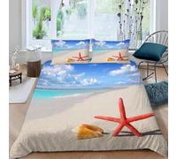 Set Copripiumino Una Piazza e Mezza 200x200 Stella Marina Rossa Biancheria da Letto 3 Pezzi Spiaggia Sull'Oceano 3D Stampa Microfibra Copripiumino con Cerniera e 2 Federa, 50x80cm c.1444
