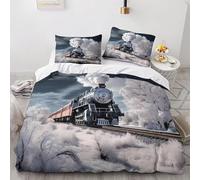 Set Copripiumino una Piazza e Mezza 200x200 Treno a Vapore Microfibra Morbida Biancheria da Letto Stampa 3D Scene Invernali Innevate Copripiumino con Cerniera con 2 Federe 50x80 cm e.2748