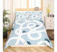 Set Copripiumino Una Piazza e Mezza Auto dei Cartoni Animati Biancheria da letto Strada Blu e Bianca in Morbida Microfibra 3D Parure Copripiumino 200x200 cm con Cerniera e 2 Federe 50x80 cm E.2908