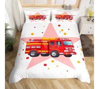 Set Copripiumino Una Piazza e Mezza Camion dei Pompieri Biancheria da letto Tema Antincendio in Morbida Microfibra 3D Parure Copripiumino 200x200 cm con Cerniera e 2 Federe 50x80 cm I.1732