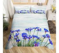 Set Copripiumino Una Piazza e Mezza Fiordalisi Blu Biancheria da letto Piante in Morbida Microfibra 3D Parure Copripiumino 200x200 cm con Cerniera e 2 Federe 50x80 cm E.1894