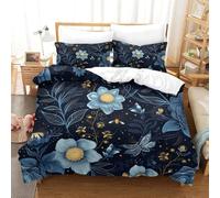 Set Copripiumino Una Piazza e Mezza Fiori Blu Biancheria da letto Piante in Morbida Microfibra 3D Parure Copripiumino 200x200 cm con Cerniera e 2 Federe 50x80 cm E.2062