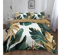 Set Copripiumino una Piazza e Mezza Foglie di Palma, Copripiumino Reversibile Foglie Tropicali in Morbida Microfibra Stampato 3D, Biancheria da Letto 200x200 Verde Dorato 3 Pezzi con Federe m2457