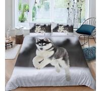 Set Copripiumino Una Piazza e Mezza Husky Morbido Microfibra Biancheria da Letto Animali Carini Nella Neve Stampa 3D Copripiumini 200x200 + 2 Federe 50x80 C-2058