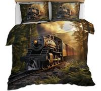 Set Copripiumino una Piazza e Mezza Locomotiva a Vapore Retrò, Copripiumino Reversibile Foresta in Morbida Microfibra Stampato 3D, Biancheria da Letto 200x200 Boschi 3 Pezzi con Federe