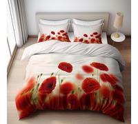 Set Copripiumino una Piazza e Mezza Papavero Rosso, Copripiumino Double Face Fiori Rossi Biancheria da Letto in Microfibra, 3D Copripiumini 200x200 cm e 2 Federe 4372-ABC
